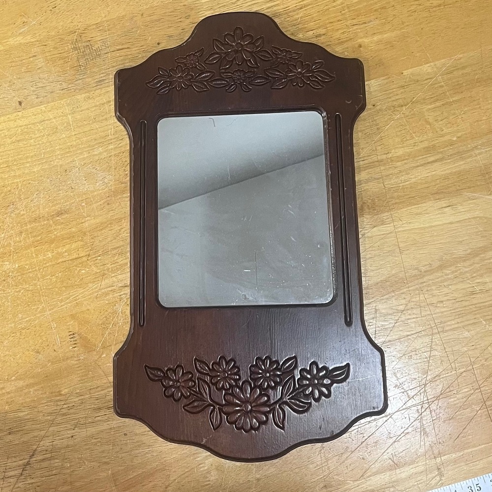 Vtg Carved Floral Dark Wood Wall Mirror Cottagecore Arched Entryway Accent 20x11